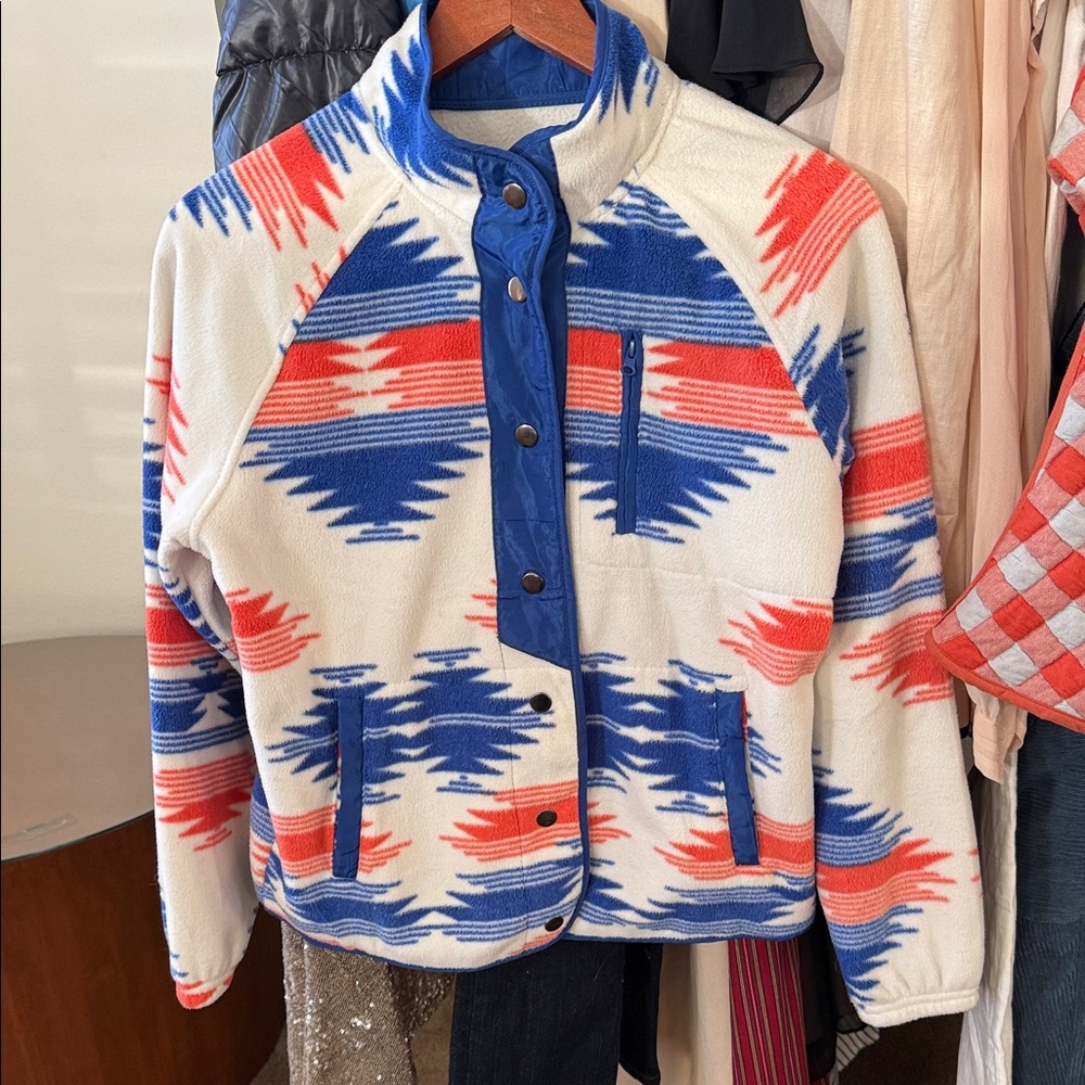 Women's Blue and Red Patterned Utility Jacket